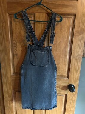 Free People charcoal gray denim overall mini dress